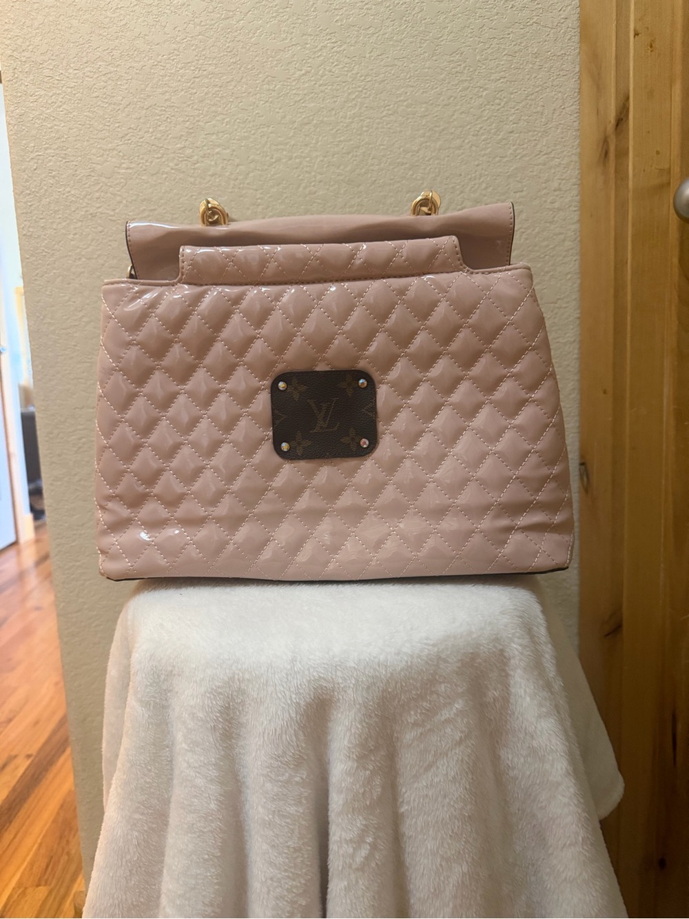Quilted Patent Shoulder Bag in Blush Pink with Gold Accents